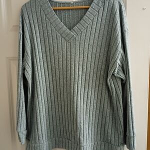 Gray Ribbed V-Neck Sweater
